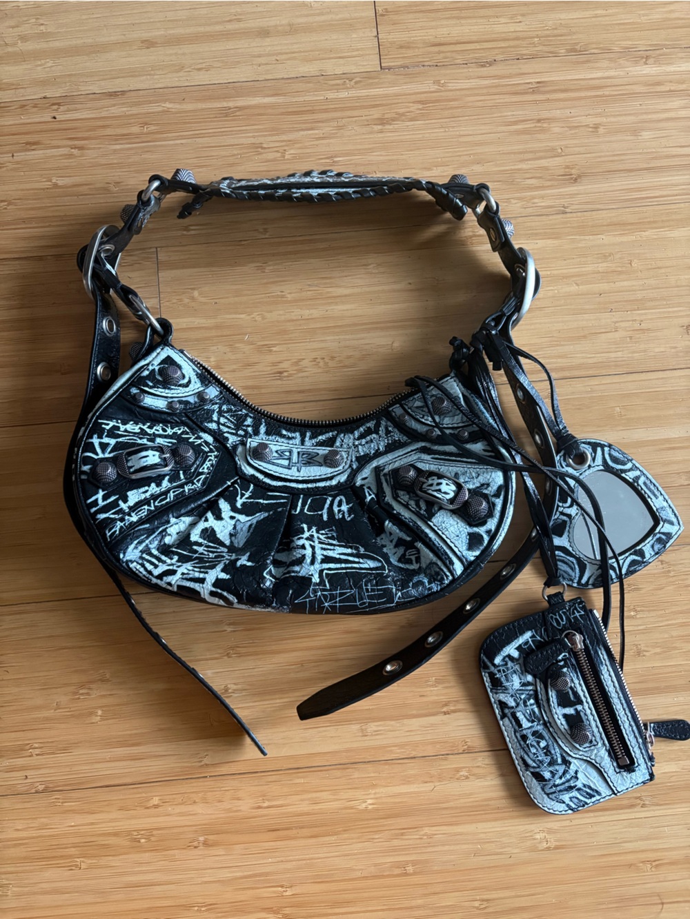 Balenciaga Black and White Graffiti Shoulder Bag with Mirror Charm